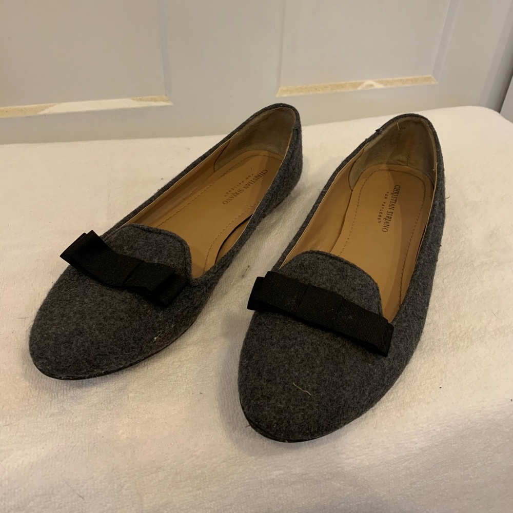 Charcoal Grey Wool Flats with Black Bow